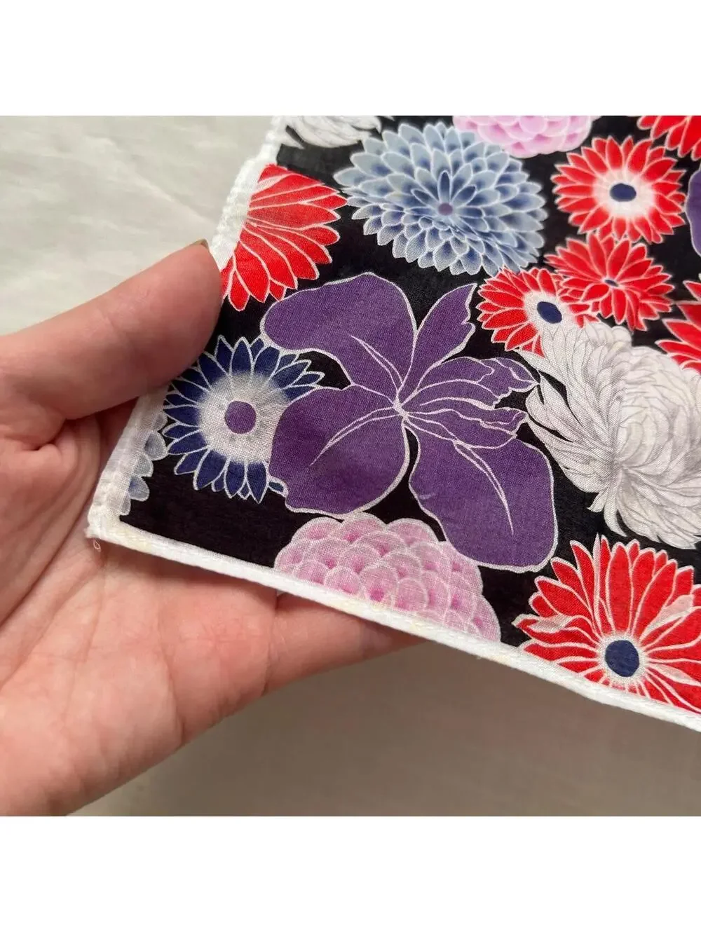 Black Floral Bandana Chrysanthemum Botanical Print Purple Red Scarf